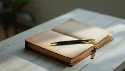 Pen rests atop closed journal on wooden table surface. Creativity, reflection, beginning of new ideas, planning. Natural light Minimalist setup conveys sense calm, focus, new business goals.