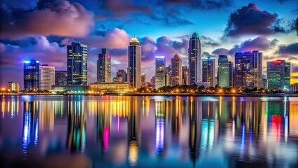 Fototapeta premium San Diego Skyline Night Low Light Photorealistic AI Art