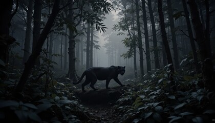Dark Forest Scene with a Panther Silhouette in Misty Woods