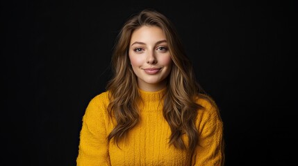 Young woman with long brown hair smiles subtly while wearing a yellow sweater against a black background.