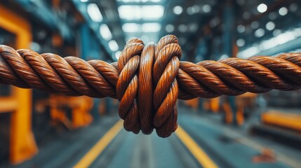 Strongly twisted metal cable showcasing industrial strength within a manufacturing facility during bright daylight hours