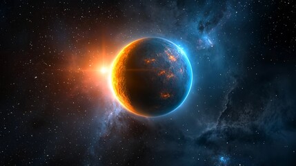 Obraz premium A stunning view of a distant planet illuminated by sunlight, showcasing vibrant colors against a cosmic backdrop.