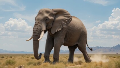 Obraz premium Majestic Elephant Walking Through Golden Grassland Under Blue Sky