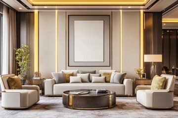 Mockup poster frame on the wall of living room Luxurious apartment background with contemporary design Modern interior design render illustration