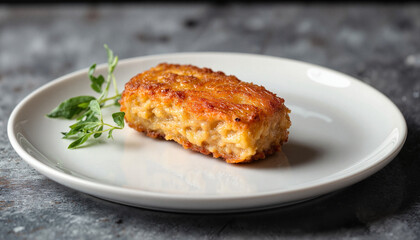 Golden croqueta on minimalist plate with herb garnish, culinary art