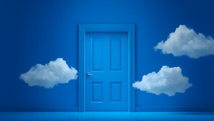 Minimalist Blue Room with Deep Blue Tunnel and Fluffy White Clouds in 3D Render