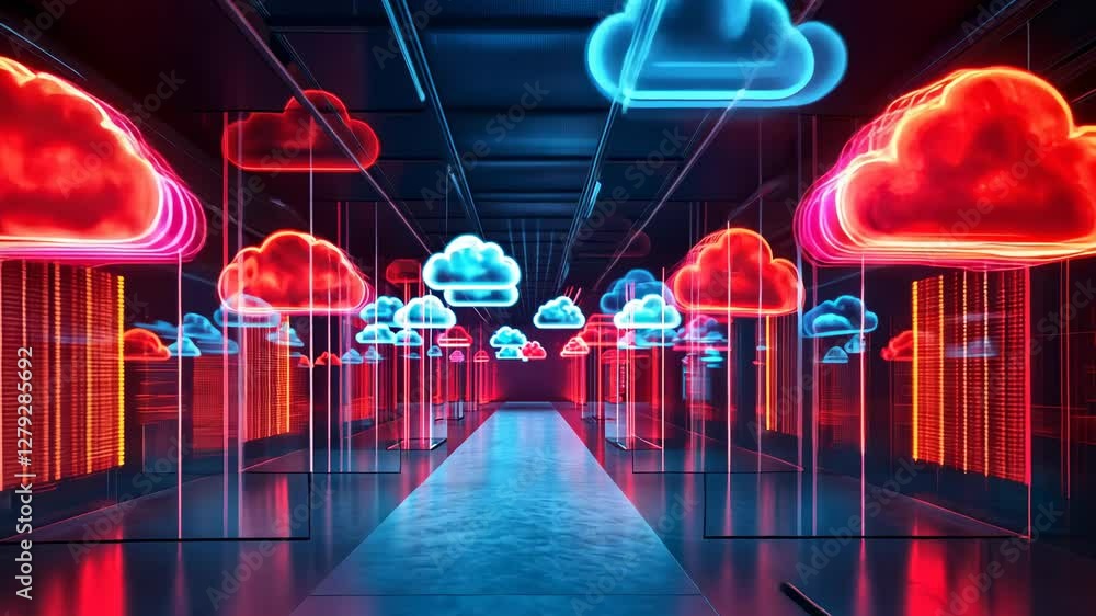 Poster futuristic data center with cloud computing concept and neon lighting effects