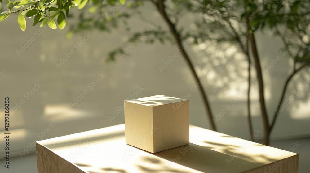 Aufkleber minimalist wooden cube on a table with soft sunlight filtering through greenery