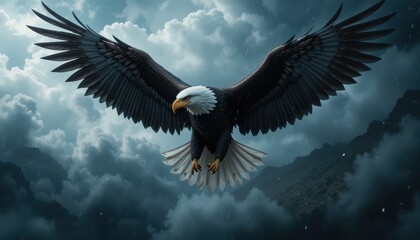 Obraz premium Majestic Bald Eagle Gliding Through Stormy Clouds with Open Wings
