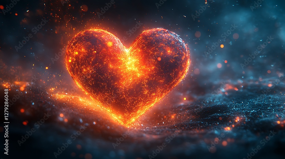 Wall mural soft glowing heart with intricate digital patterns and flowing light trails
