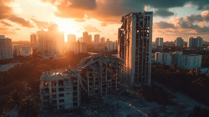 Obraz premium Devastation of a City Skyline at Sunset Reveals Remnants of Collapsed Buildings and Ongoing Recovery Efforts in an Urban Landscape