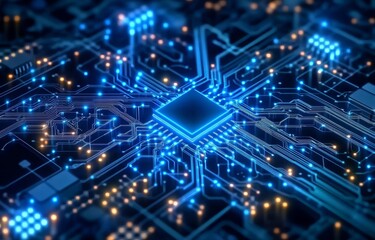Fototapeta premium A blue circuit board with glowing connections leading to a chip in the center, symbolizing AI technology and data flow concepts.