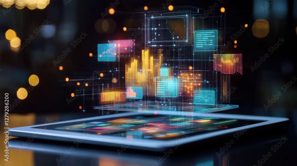 Poster futuristic tablet displaying dynamic data visualizations in a vibrant, tech-inspired environment
