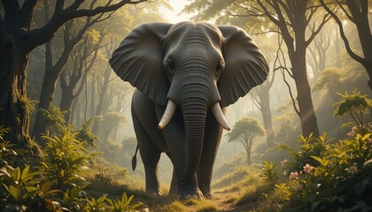 Fototapeta premium Majestic Elephant Surrounded by Lush Green Forest in Sunrise Light