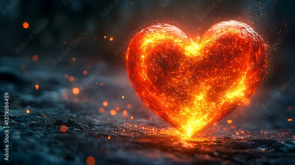 Wall mural soft glowing heart with intricate digital patterns and flowing light trails
