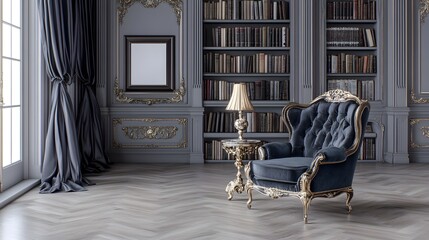 Elegant Blue Armchair in a Classic Style Room with Bookshelf Window and Parquet Flooring