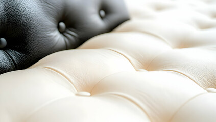 Close-up of luxurious tufted cream and black leather sofa cushions in a modern interior setting, ideal for home decor websites or furniture catalogs