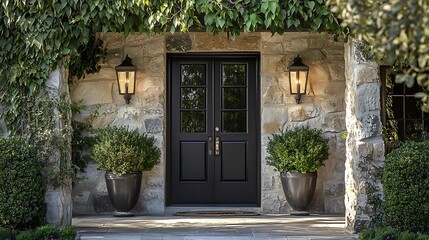 Elegant dark double door entryway of a stone house with flanking potted plants and wall-mounted lights.