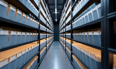 An organized archive featuring neatly arranged filing cabinets, showcasing a clean and efficient workspace. Ideal for representing corporate environments and document management.