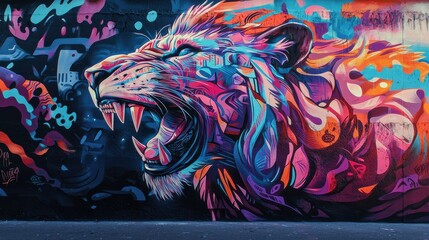 Fototapeta premium Colorful Lion Mural with Vibrant Abstract Art and Urban Style