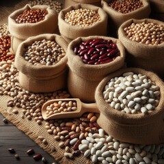 Fototapeta premium Several burlap sacks are overflowing with different types of beans and legumes.&nbsp; 