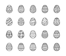 Easter egg holiday decoration set with traditional painted ornaments and festive symbols for seasonal celebration in cute outline clipart style for yours design projects
