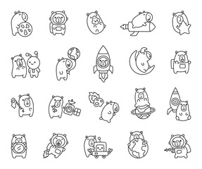 Obraz premium Capybara space adventure set featuring astronauts, rockets, planets, and smiling characters exploring cosmic wonders with charming expressions in a fun cartoon style for your illustrations