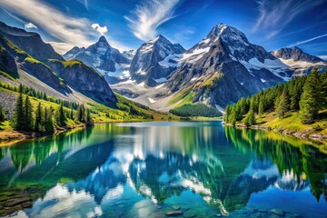 Fototapeta premium Snowy Peaks, Mountain Lake, Blue Sky, Scenic Landscape