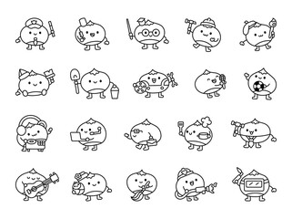 Fototapeta premium Chestnut professions cartoon set with cute kawaii characters holding different tools, equipment, objects, accessories, and items
