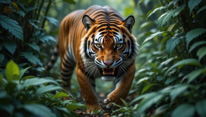 Fototapeta premium Fierce Tiger Walking Through Lush Green Jungle Vegetation