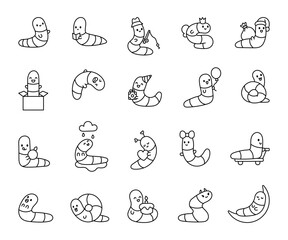 Fototapeta premium Adorable worm character set showcasing cheerful emotions, playful activities, festive celebrations, exciting adventures, and delightful expressions in a charming cute kawaii cartoon style.