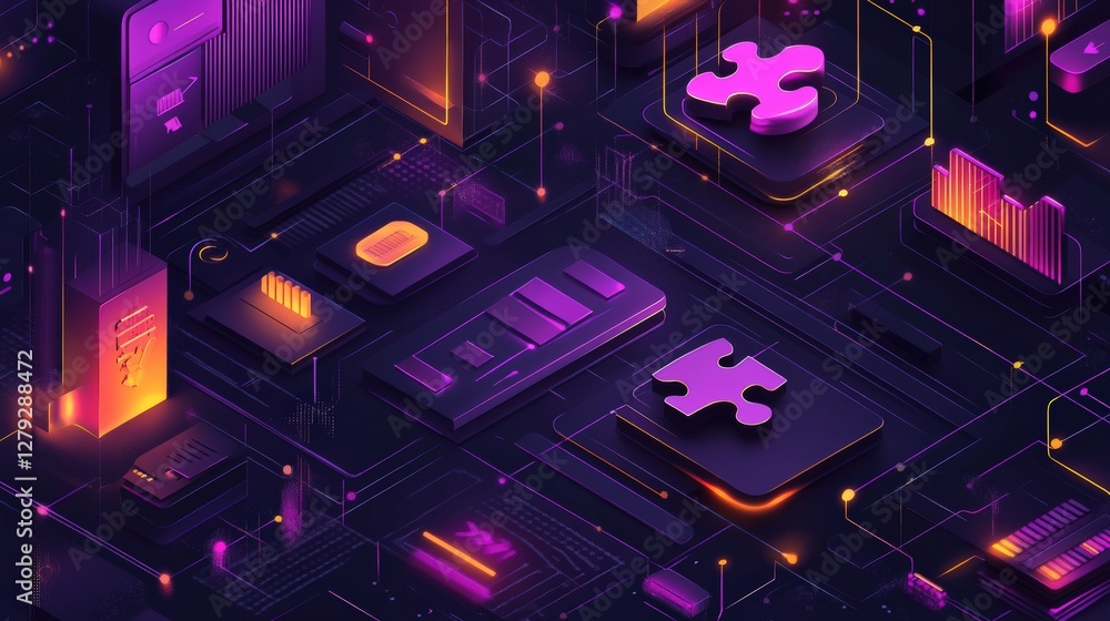 Poster abstract digital landscape featuring neon puzzle pieces and data visualizations in a dark theme
