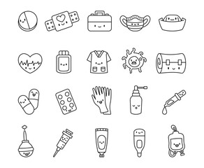 Medicine health set featuring cute kawaii cartoon characters with pills, bandages, nurse hats, syringes, gloves, sprays, thermometers, and smiling medical tools for healthcare support