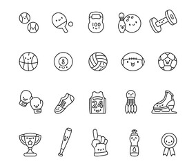 Cute kawaii cartoon sports equipment character set featuring funny training accessories, game objects, exercise tools, and playful elements for sports and recreation activities