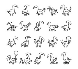 Fototapeta premium Musical note character set expressing emotions and activities with a heart, smartphone, fishing rod, bowler hat, balloon, envelope, scooter, microphone, and a peaceful sleeping pose