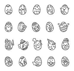 Adorable easter egg holiday set with cute kawaii cartoon characters for celebration and decoration including emotions, food, drinks, gifts, magic, learning, sleeping, and laughing