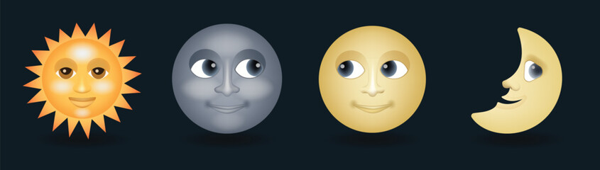 Sun with smiling face, half and full moon face vector emoji illustration isolated on dark background
