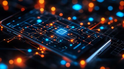 A phone screen featuring a vibrant anonymizing network with user profiles protected by connected encrypted nodes