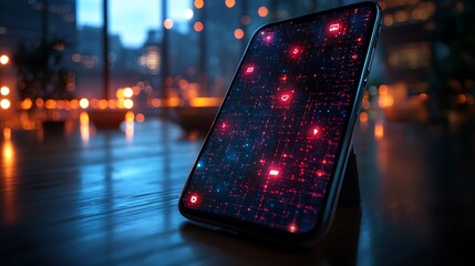 A phone screen featuring a vibrant anonymizing network with user profiles protected by connected encrypted nodes