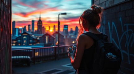 A woman with a backpack stands before a city skyline at sunset