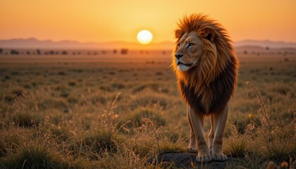 Fototapeta premium Majestic Lion Standing Proudly Against Sunset in Serene Landscape