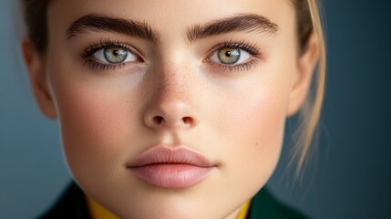 Fototapeta premium Close-up portrait of a young woman with flawless skin and subtle makeup. Her eyes are captivating, and her expression is serene.