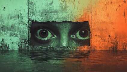 Sinister face lurking behind a wall in eerie horror poster with green and orange gradient background
