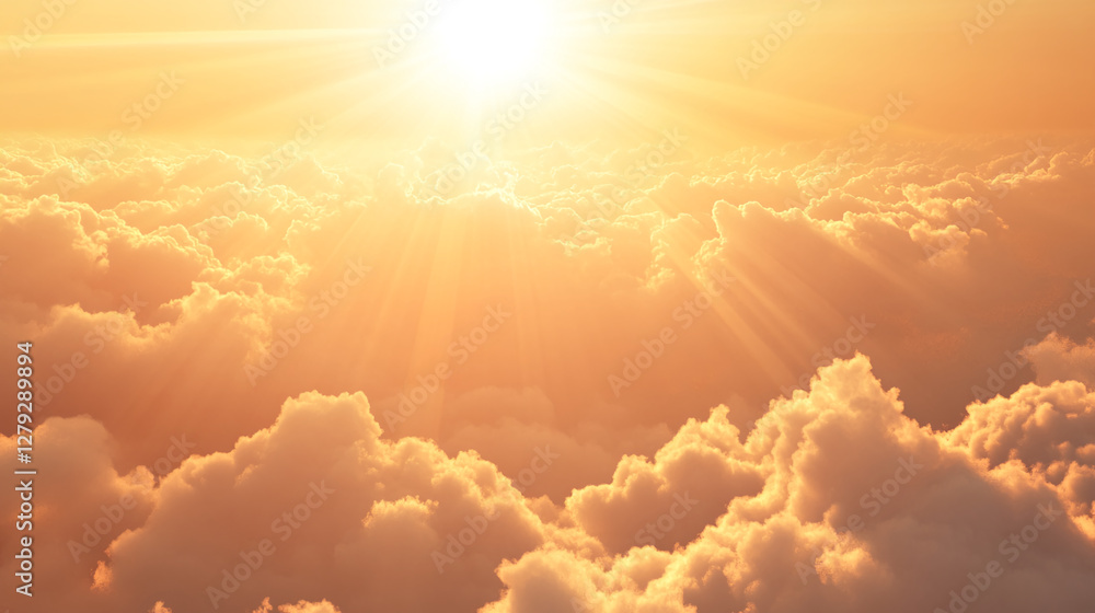 Poster a beautiful view of soft golden clouds illuminated by sunlight, with sun rays shining through the cl