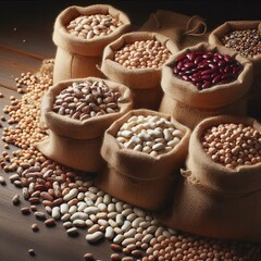 Fototapeta premium Several burlap sacks are overflowing with different types of beans and legumes.&nbsp; 