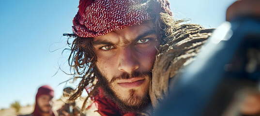 Close-up portrait of a desert nomad, carrying a burden, with another figure in the background under a bright sun; ideal for adventure, travel, or cultural stock photography