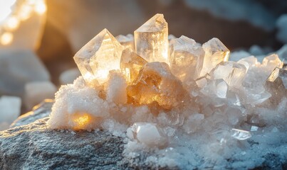 Glistening Salt Crystals on Sandstone Formation Under Dramatic Light in Natural Setting - Detailed Macro Photography Concept