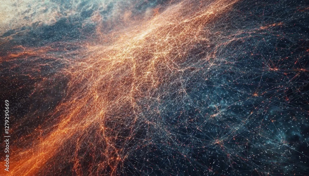 Poster abstract representation of artificial intelligence with flowing light trails and cyber aesthetics.