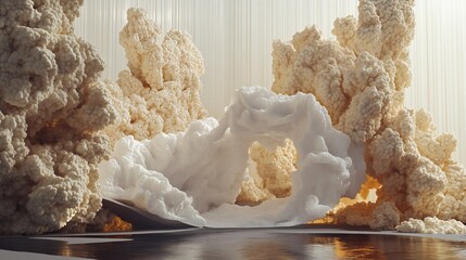 Abstract landscape with creamy white and beige organic forms, creating an archway over a reflective surface.