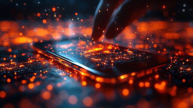 Closeup of a mobile phone displaying vibrant interlinked network nodes with masked user information